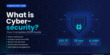What is Cybersecurity in 2026 — infographic showing a glowing blue digital shield with lock icon, cybercrime statistics including $10.5 trillion global cost, attack every 39 seconds, and $4.44 million average breach cost